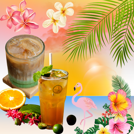 A tropical-themed graphic featuring two iced cocktails, one layered with green and blue, and one orange-tinged, surrounded by flowers, palm leaves, a pink flamingo, and citrus slices on a warm gradient background.