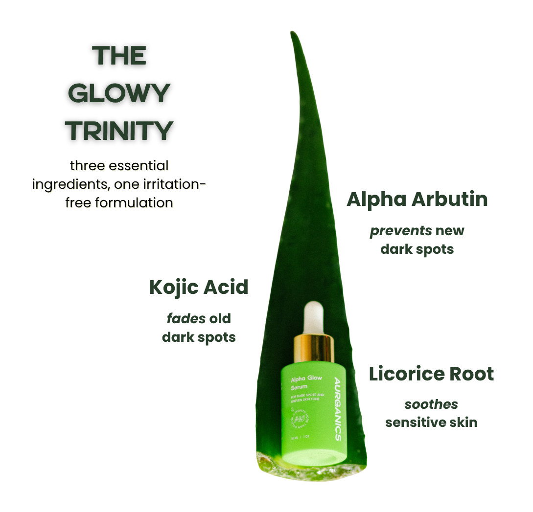 Kojic Acid, Alpha Arbutin, Licorice Root Glowy Trinity: AURGANICS Skincare for melanated glow-getters