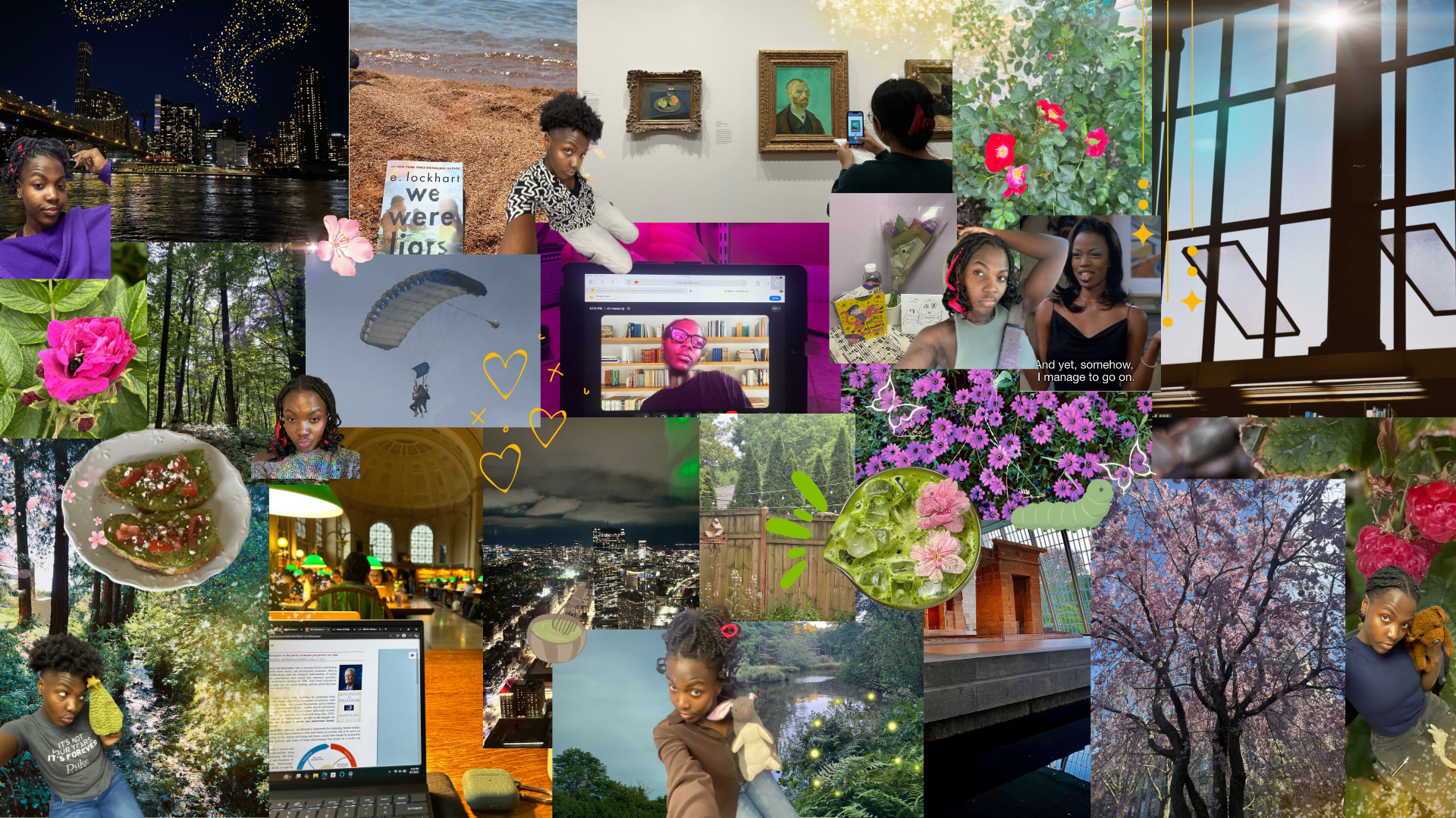 A colorful collage of selfies, cityscapes, flowers, books, art, food, and nature scenes, decorated with playful doodles and stickers.