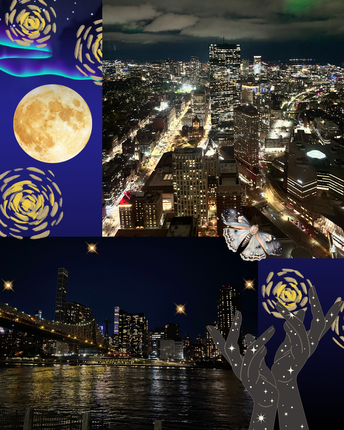 Collage of a cityscape at night with artistic elements and starry sky.