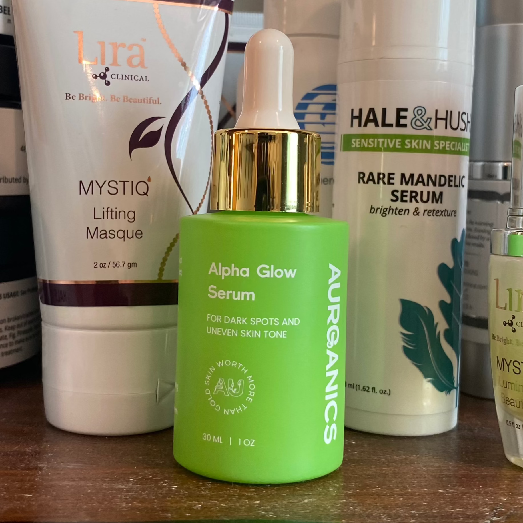 Aurganics Alpha Glow Serum on the retail shelf at A Peeling Beauty Wholesale Esthetician Partner in Raleigh, NC