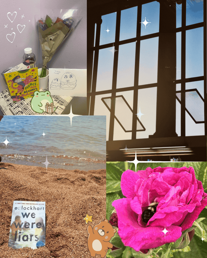 collage of beach days, blue sky hues taken from a window, little gifts, and a bumblebee in a flower