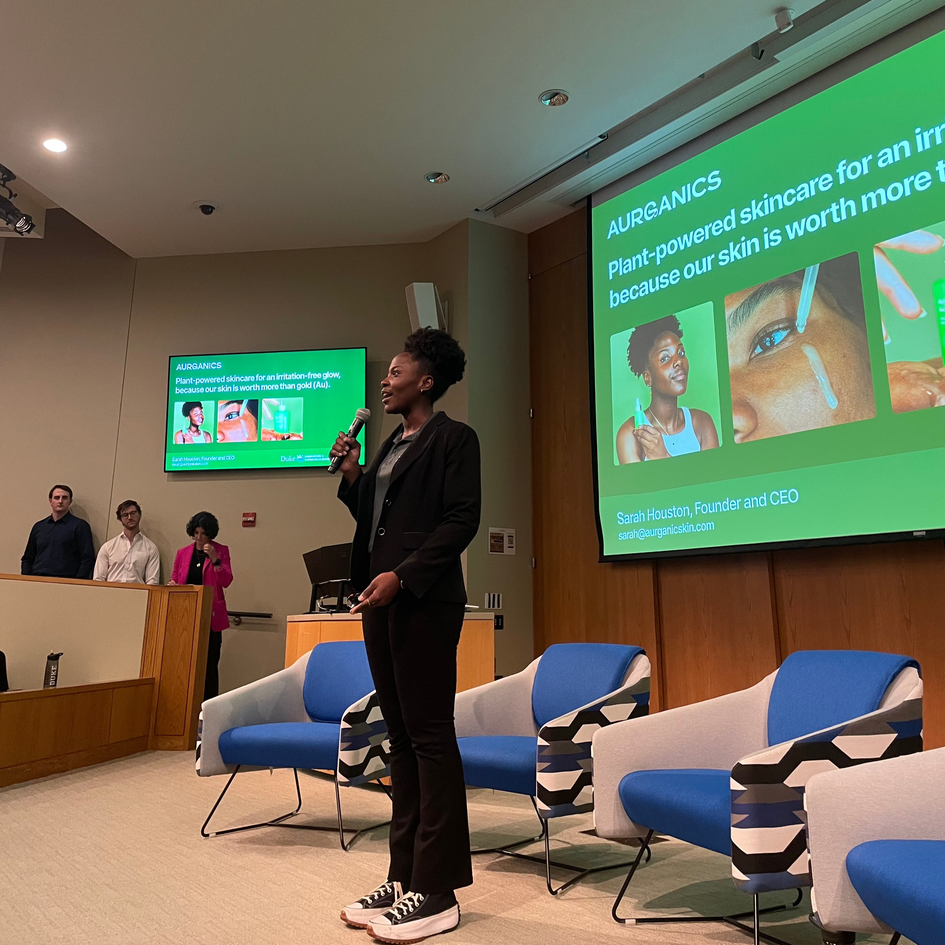 Sarah Houston Aurganics founder pitching at Duke Innovation and Entrepreneurship Event Past Present Future November 2024