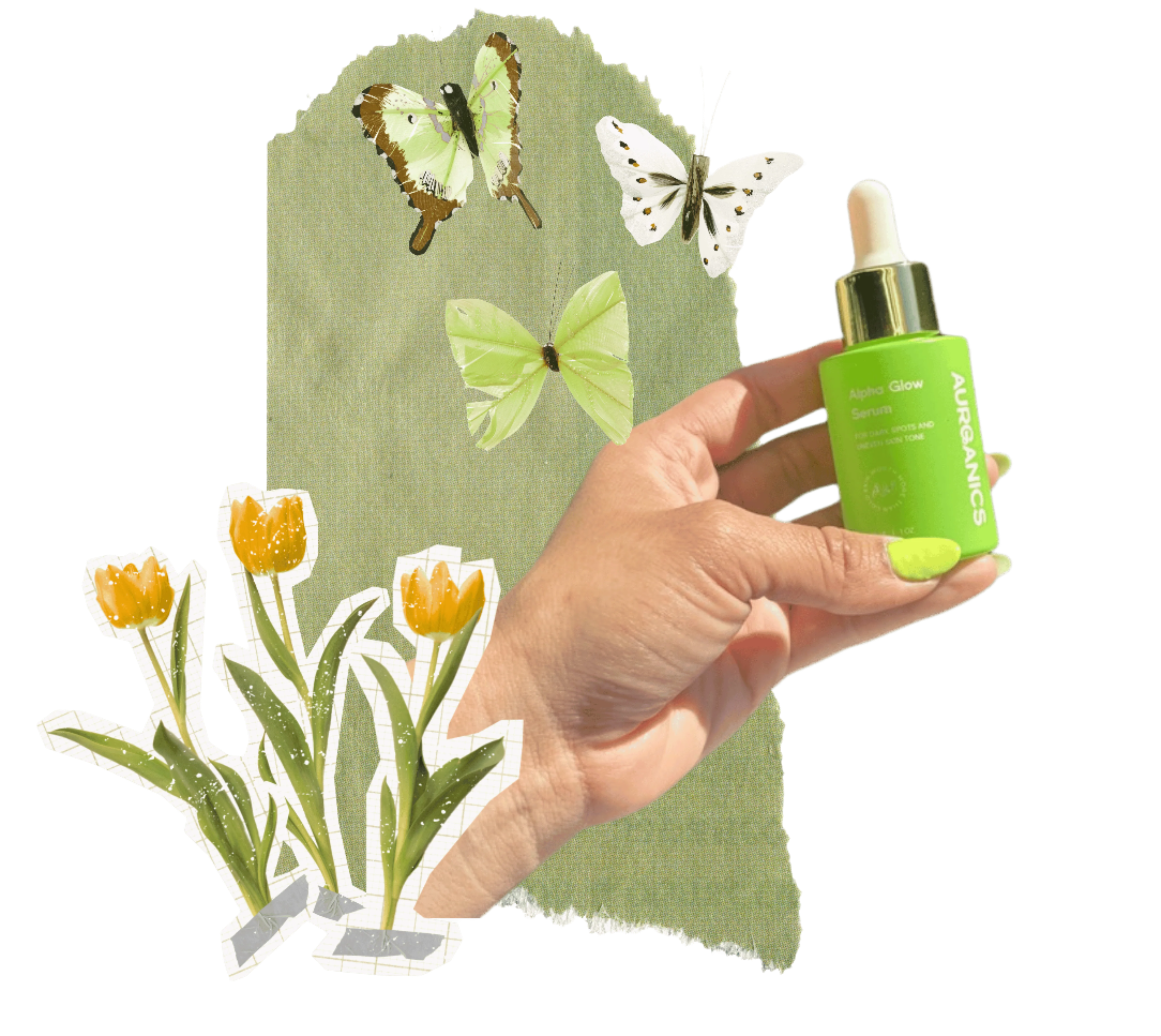 Hand holding a green skincare bottle with butterflies and flowers on a green background